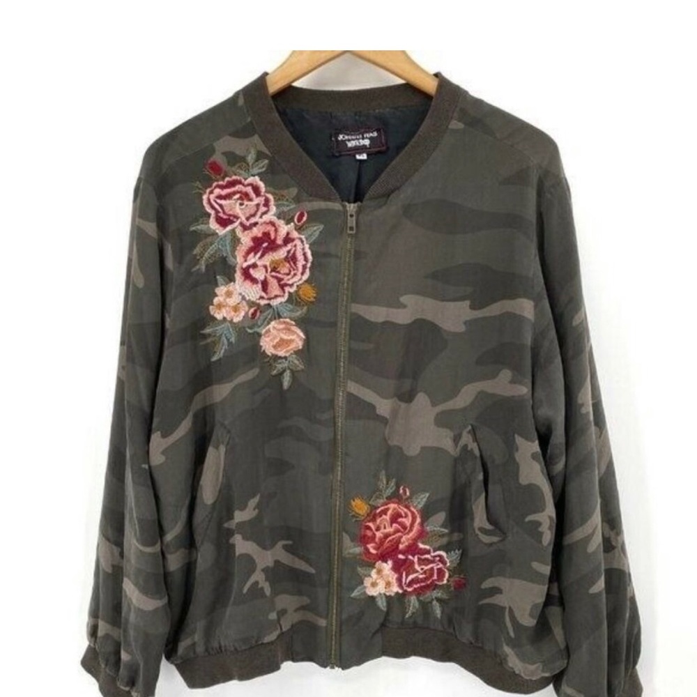 Johnny Was 100% Silk Camo Dragon Floral Embroidered Zip Front Bomber XL Jacket - Picture 2 of 5